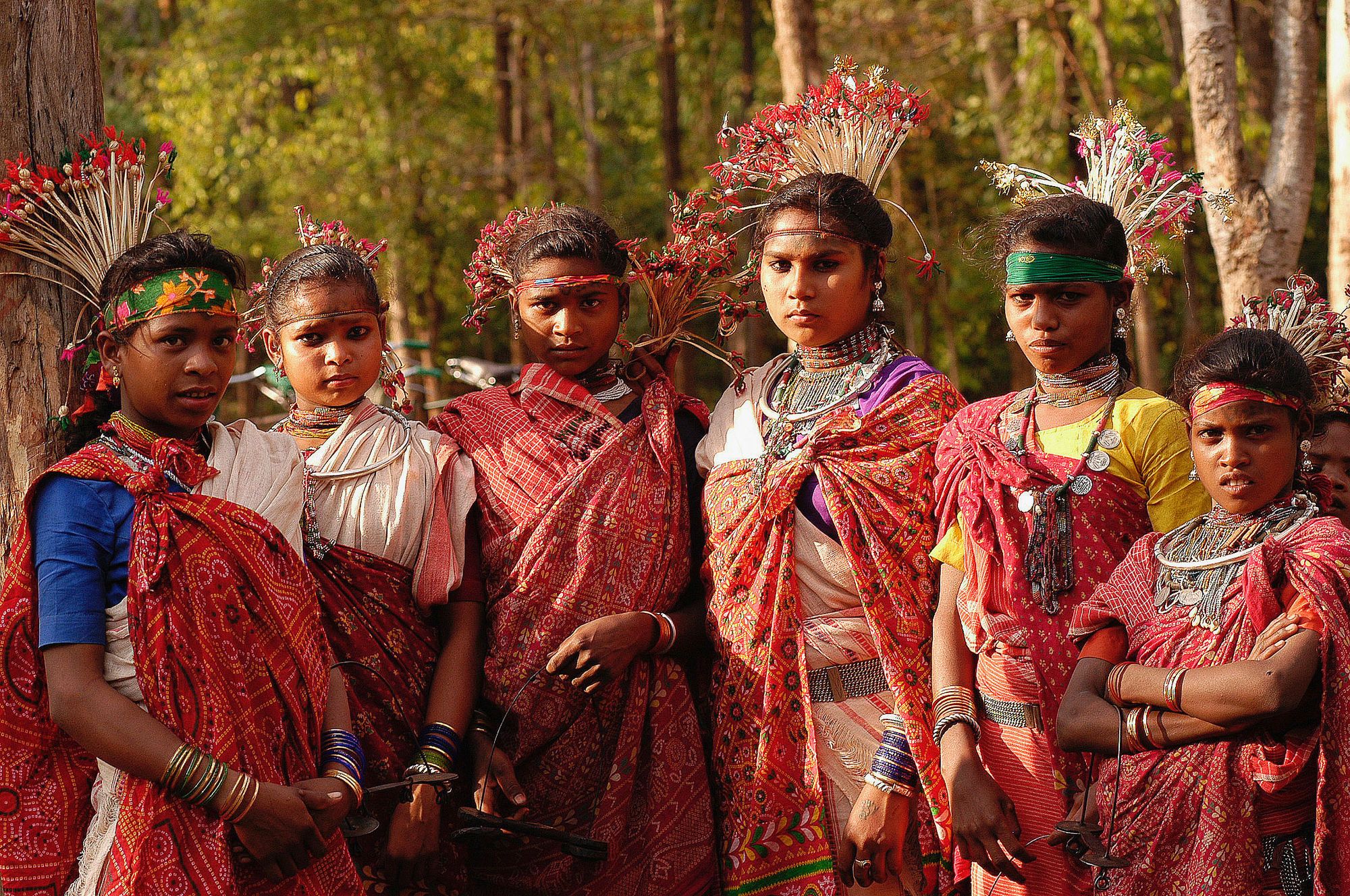 Six Baiga women stand for a photo, wearing traditional dress.
