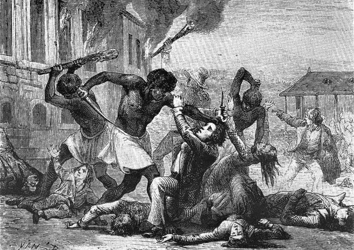 A battle in the Haitian revolution. A group of three ex-slaves attack colonists and slavers. Numerous bodies of colonists lie on the floor, and a colonial building sits in the background.